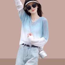 斤丝长袖恤女胖夏季户外运动微透防晒罩衫渐变色瑜伽服上衣