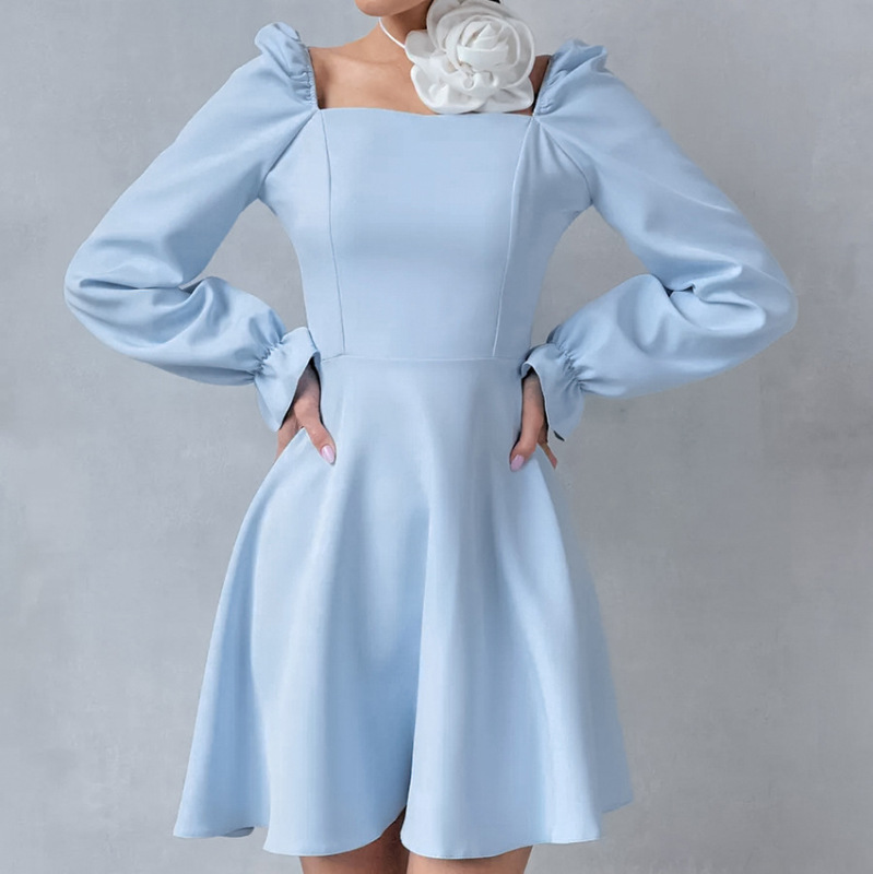 Sky Blue Square Neck Lantern Sleeve High Waist A-Hem Dress 2024Wildberries Spring Hot Sale New Short Skirt