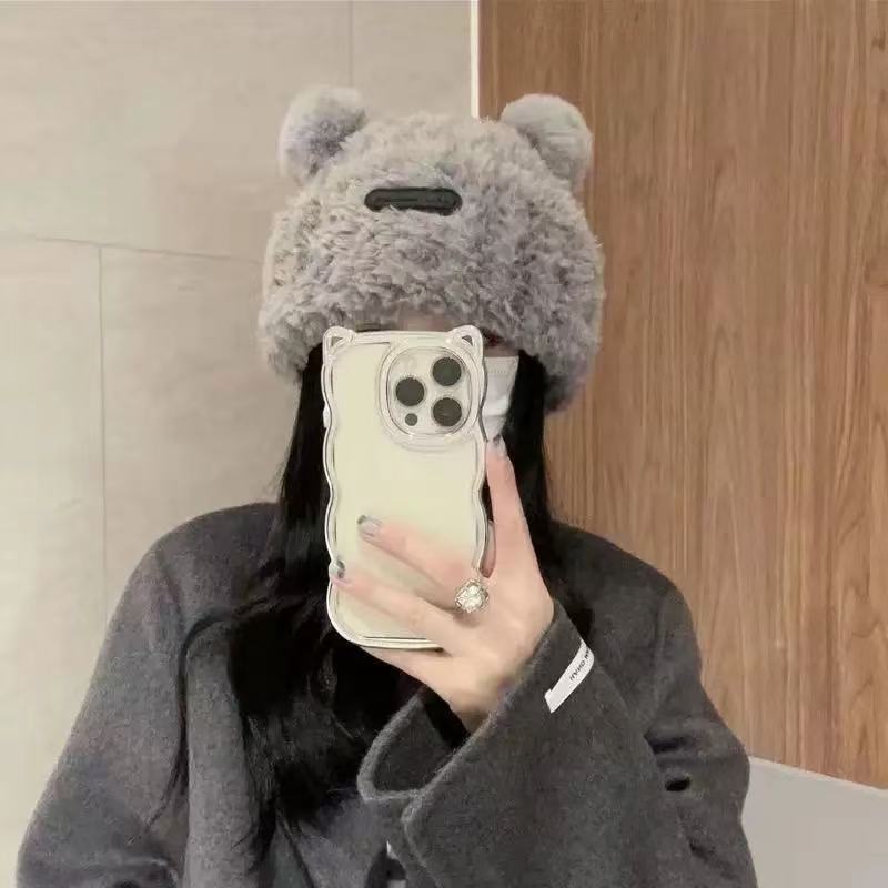 可爱小熊耳朵毛绒帽女冬季保暖大头围针织帽毛线帽百搭护耳显脸小|undefined
