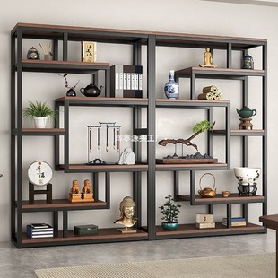 New Chinese Style Ancient Shelf Tea Room Storage Rack Tea Display Cabinet Non-Solid Wood Whole Wall Living Room Modern Simple Ornament Rack