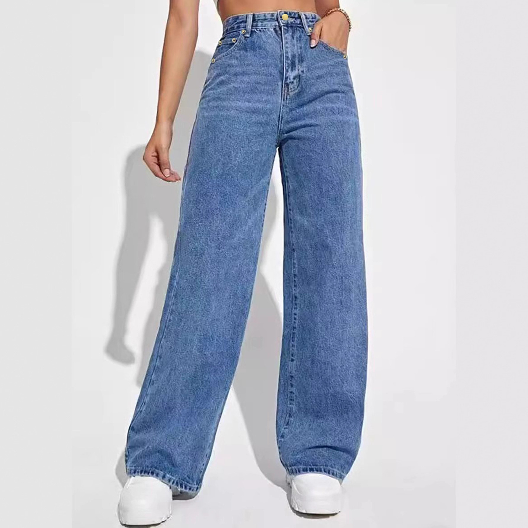Jeans Rectos para Mujer de Algodón, Cintura Alta, Elásticos, para Uso Diario image 3