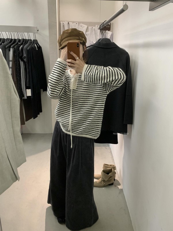 MISS密思家 秋冬韩系条纹浣熊纱百搭显瘦领口系带保暖毛衣女A0835|undefined