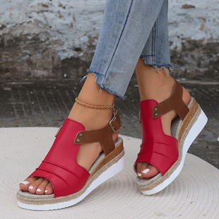 European and American Foreign Trade Cross-border plus size Wedge Fish-toe Sandals Women's Summer New Buckle Outer Wear Beach Sandals Ebay