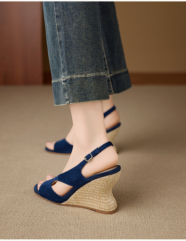 Sandal cao gót nữ mũi nhọn hở ngón, gót nêm đan rơm 8 cm, quai hậu buộc dây — xanh lam, màu mơ chi tiết 8