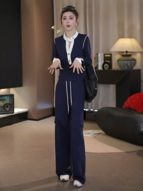 时尚休闲运动套装女春秋气质设计感撞色修身长袖上衣阔腿裤两件套|undefined