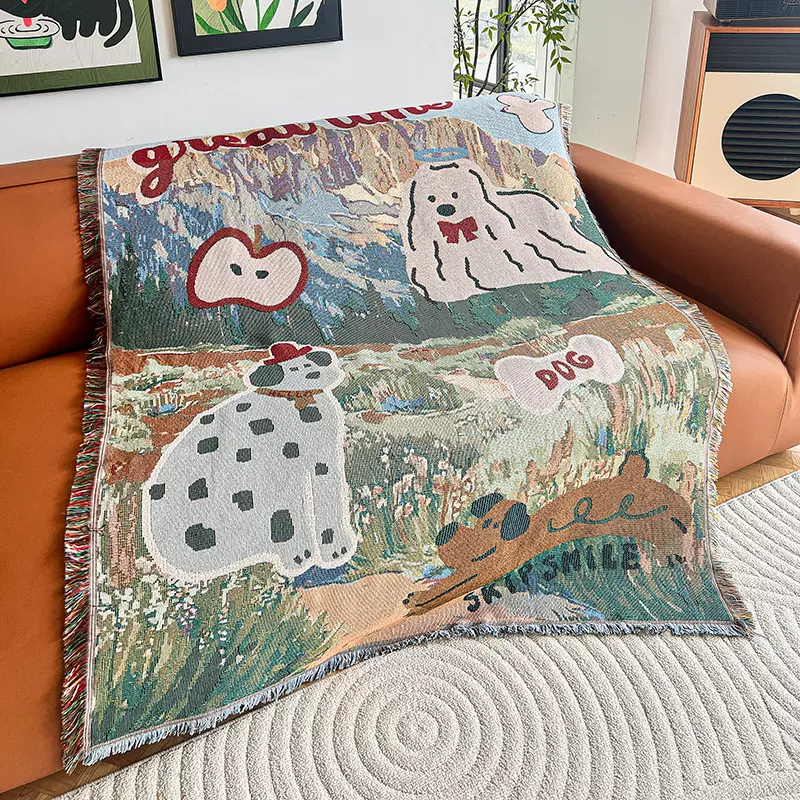 跨境沙发毯卡通插画风挂毯午睡毯休闲盖毯四季通用沙发巾全盖布