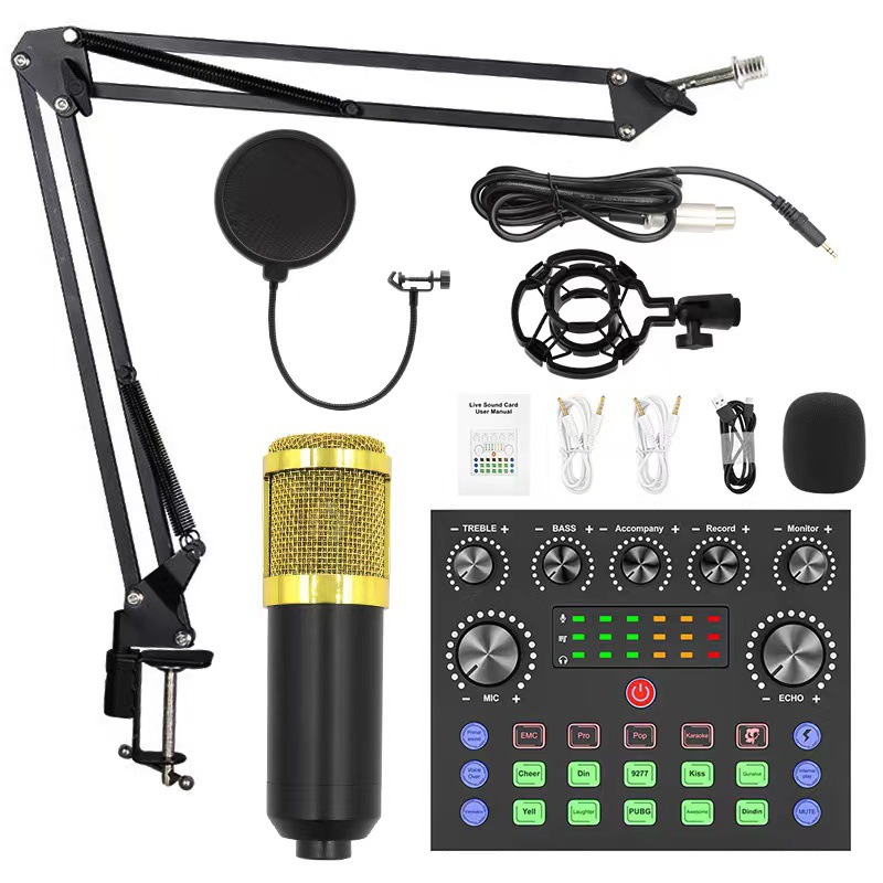 Micrófono BM800 con soporte, set para transmisión en vivo, micrófono para computadora, tarjeta de sonido para grabación, juegos, karaoke, micrófono de condensador con reducción de ruido