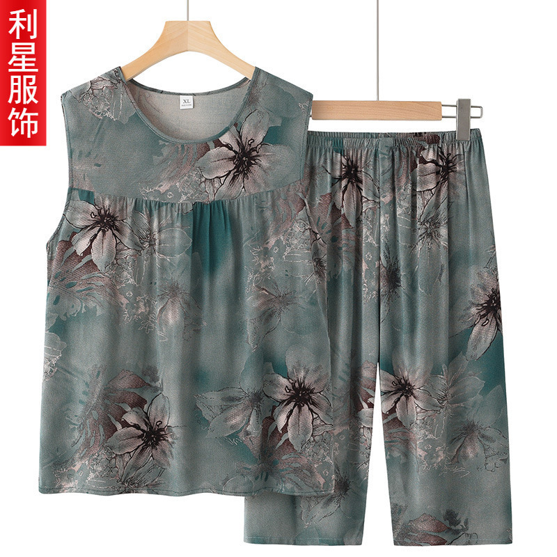 Grandma's Summer Sleeveless T-Shirt Pajamas Set, Loose Large-Size Cotton Silk Two-Piece Set for Middle-Aged and Elderly Women