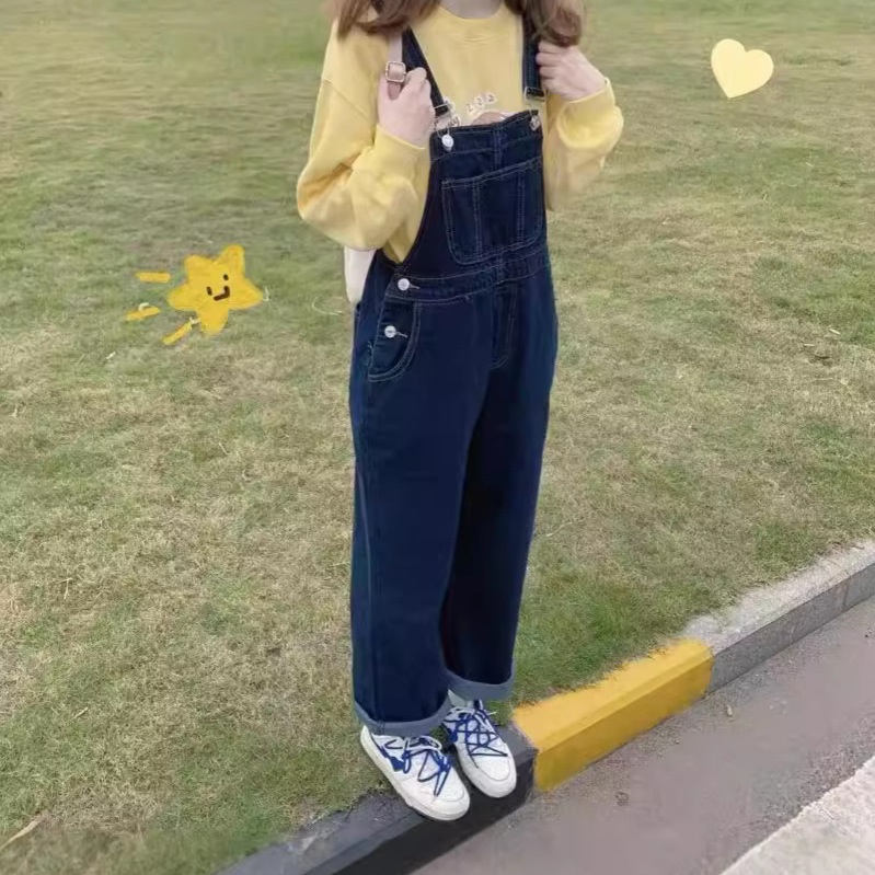 2026 Spring and Autumn Denim Overalls with a Youthful Design, Korean Style, Cute Japanese Style, Loose Straight Wide-Leg