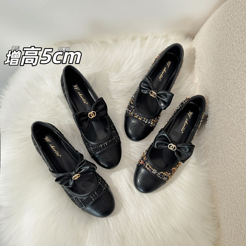 Sheepskin Inner Height-Increasing 5cm Patchwork Round-Toe Genuine Leather Mary Jane Shoes for Women 2026 New Style Bowknot Flat Shoes for Women