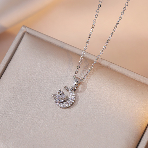Necklace female Internet celebrity sweet star and moon zircon geometric niche light luxury new design pendant temperament titanium steel necklace