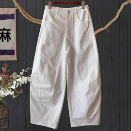 日系简约设计感纯色镰刀裤女夏季新款高腰宽松显瘦百搭纯棉休闲裤