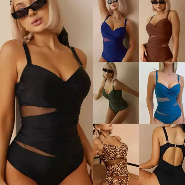 2024 Europe and the United States cross-border new ladies one-piece bikini solid color cross mesh Amazon manufacturers in stock swimsuit