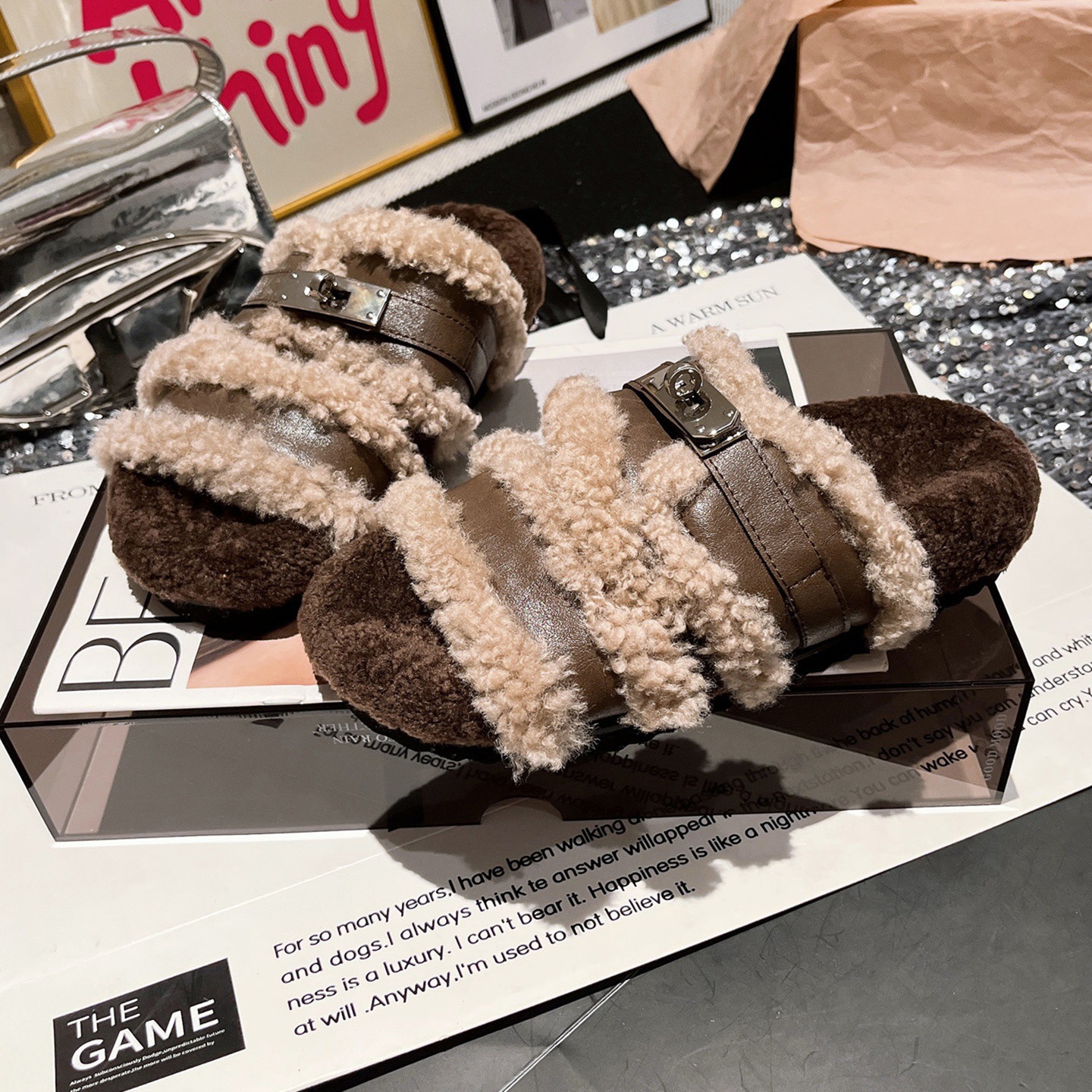 香港厚底圆头羊羔毛毛鞋女2025秋冬新款时尚百搭防滑露趾勃肯拖鞋