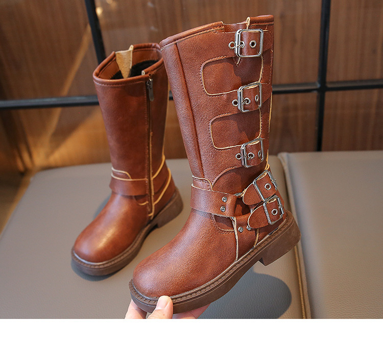 Bottes Martin montantes en cuir noires à fermeture éclair latérale pour filles et garçons de taille moyenne et grande, nouvelle collection automne 2024_voghion.com