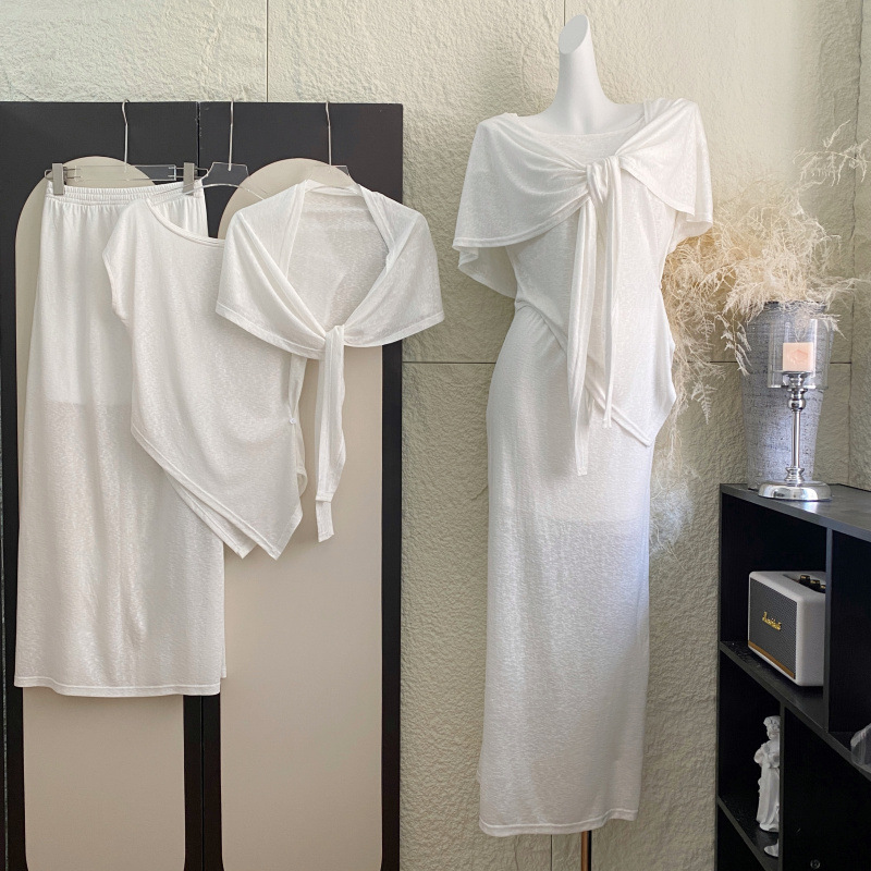 Senna White Water Comfortable Lyocell Linen suit T-shirt Skirt Shawl Three-piece Set