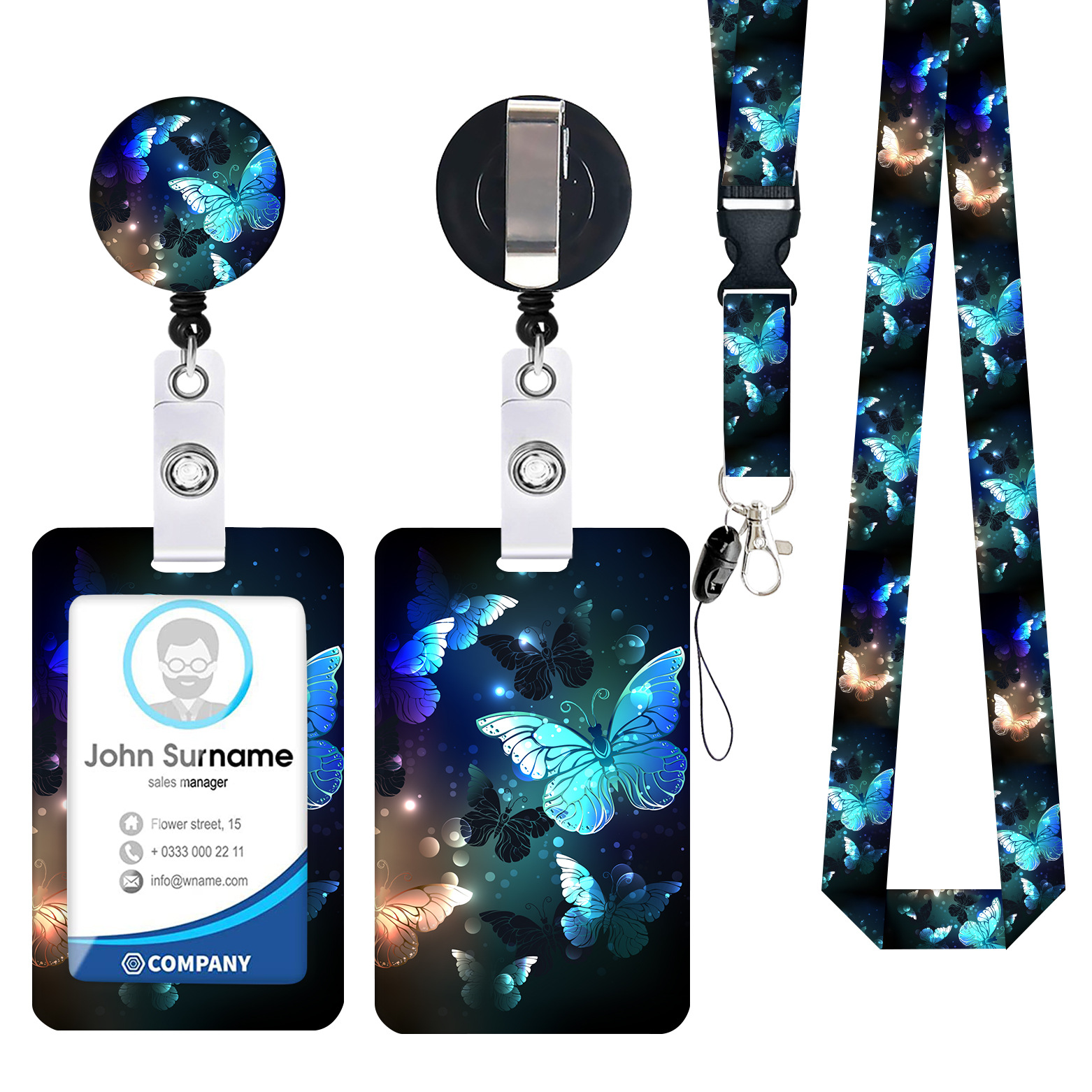 Amor gato negro mariposa flor impresión en color retráctil fácil tire hebilla teléfono móvil ID hebilla cordón titular de la tarjeta