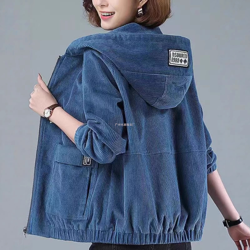 Corduroy Short Jacket for Women, Autumn and Winter, Korean Style, Loose Fit, 2026 New Model, Plus Size, Hooded, Casual, Middle-Aged Mom's Jacket