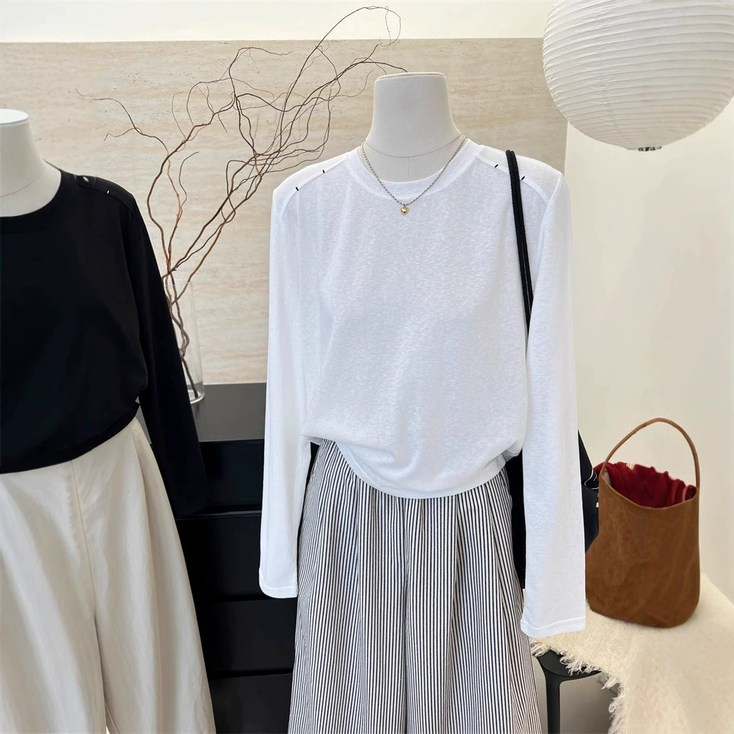 2024 осень новая белая футболка с длинными рукавами женская тонкая снежинка