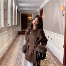 月光晚宴2025新款双面羊毛呢子大衣女秋冬狐狸毛袖口千金毛呢外套