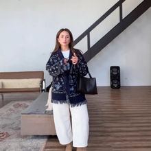 跨境美式2025年秋冬新款印花流苏披肩开衫毛衣女装外套休闲显瘦女