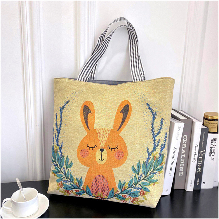 189g Weight Polyester Lining Material Zipper Closure Type Double Shoulder Straps Strap Type Tote Bag Bags Type Casual, Daily Occasion Linen Material Animal Pattern All Seasons Season Women's Gender Cute Style Square Shape Women's Linen Animal Cute Square Zipper Tote Bag 24