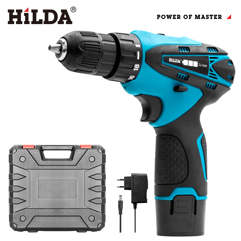 Hilda 12V destornillador inalámbrico taladro eléctrico doble velocidad batería de litio recargable luz LED 2 piezas impermeable mano Taladro