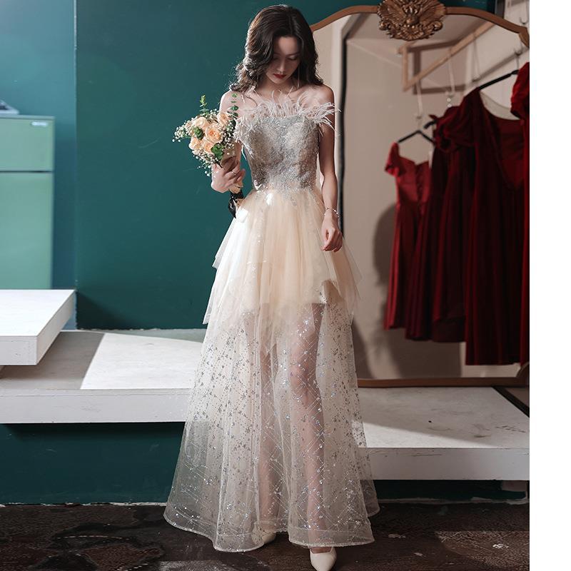Đầm dạ hội nữ ôm body cổ yếm tay bồng thiết kế cổ tích — Mẫu dài màu sâm panh