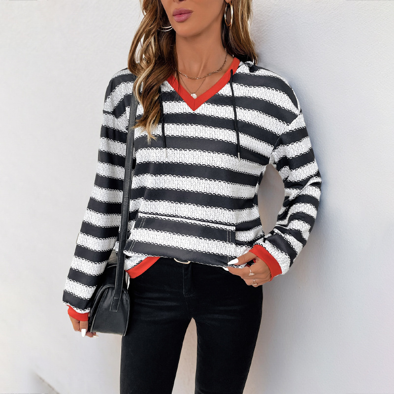Women Clothing Contrast Color Striped Sweatshirt Autumn Pullover Casual Hooded Top Women