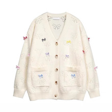 大朗高端毛衣美式复古蝴蝶结开衫毛衣外套男女宽松百搭软糯针织衫