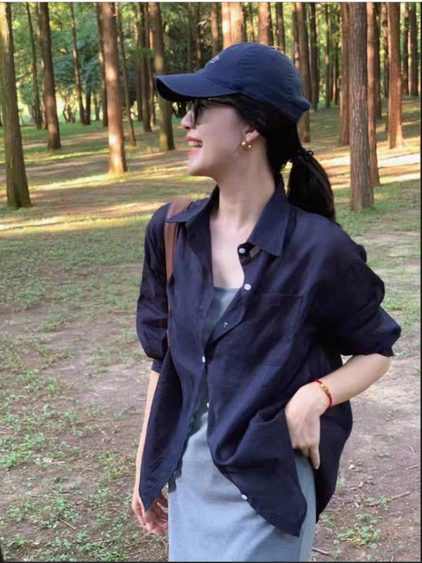 法式亚麻白色老钱风衬衫女早秋薄款正肩宽松休闲棉麻防晒衬衣外套|undefined