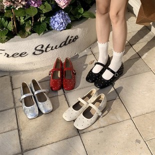 Platform Mary Jane Shoes 2025 Spring and Autumn New Korean Style Ballet Shoes with Rivets Square Toe Flat Shoes Women's Single Strap