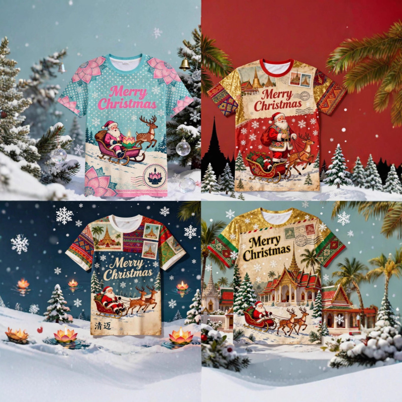 2025 Christmas Print New Cross-Border Export Hot Selling 3D Short-Sleeved Santa Claus Print Short-Sleeved T-Shirt Top