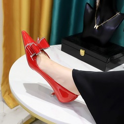 237-H35 Korean Fashion Banquet Women's Shoes Thin Heel Middle Heel Shallow Mouth Pointed Lacquer Leather Water Diamond Bow Women's Single Shoes