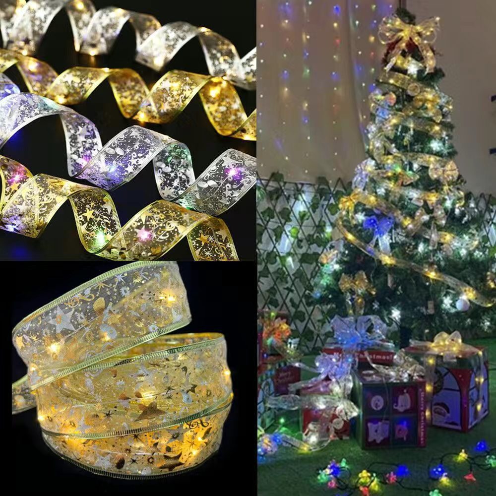 Ribbon Light Gift Box Decoration Ribbon with Flash Light String Cross-border Christmas Satin LED Light String Christmas Tree Decoration