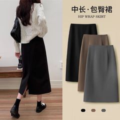 黑色毛呢半身裙女秋冬新款高腰显瘦感包臀字中长款裙子