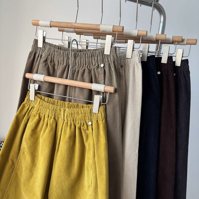 [Green Light Forest] Early Autumn Shell Button Corduroy Elastic Waist Retro Straight-Leg Leg Wide Leg Pants Straight-Leg Loose Casual Pants