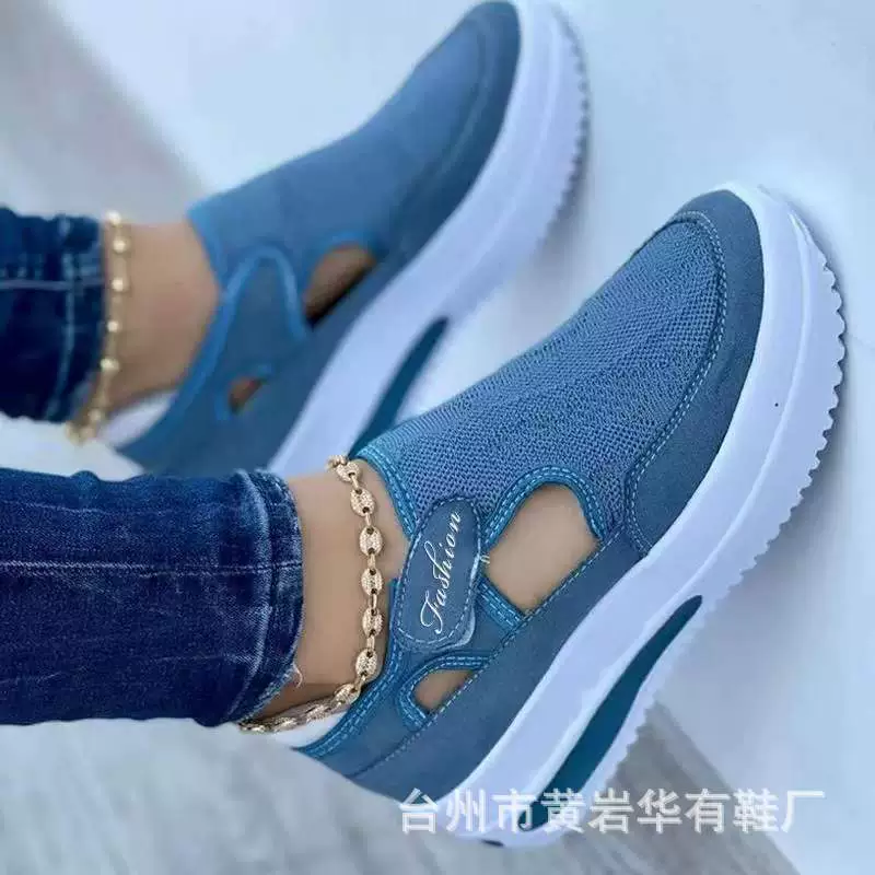 2022 летние трансграничные летающие плетеные повседневные однослойные туфли на танкетке с толстой подошвой и полой липучкой больших размеров с круглым носком, низкие женские однослойные туфли