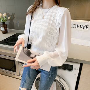 2-color chiffon T-shirt spring and autumn short bubble long sleeve slim knit stitching French round neck collarbone shirt top