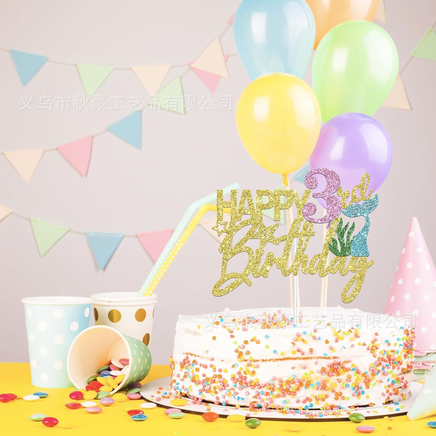 Mermaid Happy 3rd Birthday Cake Decoration Gold Flasher Mermaid Cake Decoration Ocean Theme