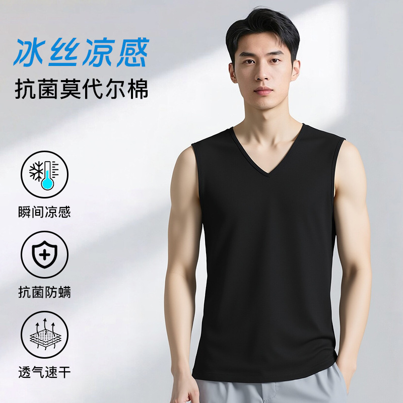 Modal vest for men, fitness basketball, ice silk cooling, antibacterial and anti-mite, V-neck sleeveless t-shirt, quick-drying sports vest.