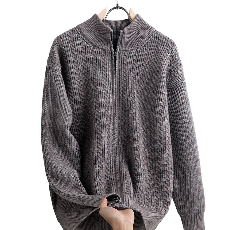 Otoño y invierno de color sólido simple de color sólido cremallera cardigan chaqueta gruesa cálida de punto casual entrelazado suéter de punto de hombre