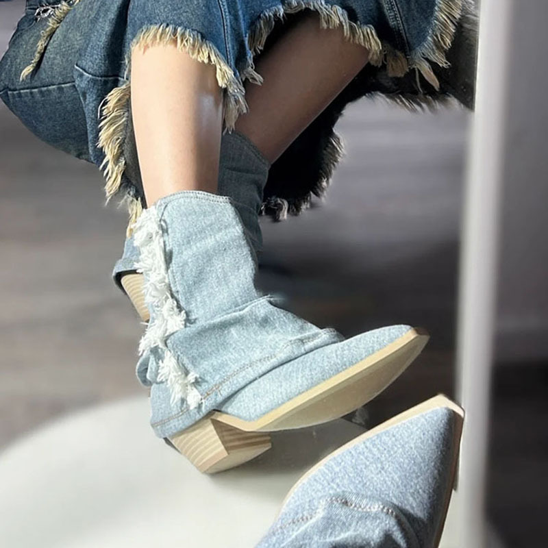 Nischen-Retro-Western-Cowboystiefel für Damen, neue Mode, Fransenkante, spitzer Flor, kurze Röhre_voghion.com