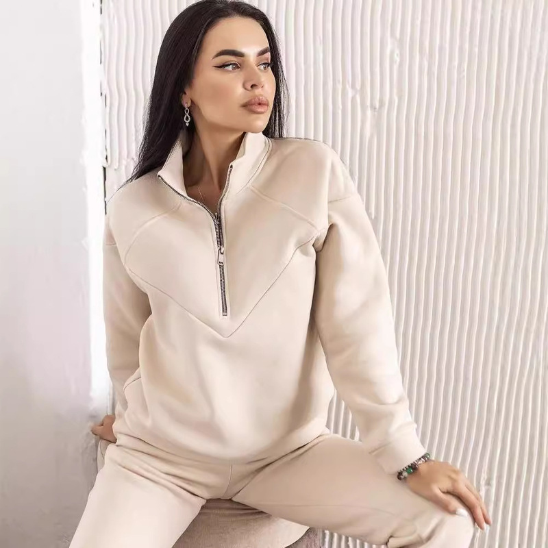 2022 Cross-border Spring and Autumn Fashion Leisure Hooded Sweater Two-piece Long Sleeve Solid Color Fleece Shrink Foot Casual Suit 2022 Cross-border Spring and Autumn Fashion Leisure Hooded Sweater Two-piece Long Sleeve Solid Color Fleece Shrink Foot Casual Suit