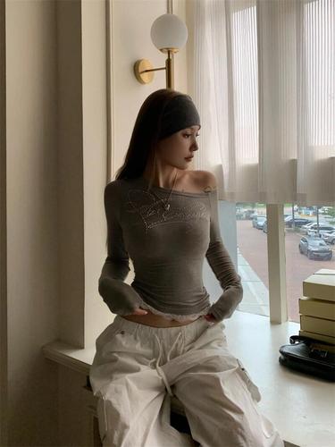 260g Rayon Modal Lace Splicing Embroidered Diamond Short-Sleeve Slim Fit Short T-Shirt Top Black