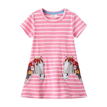 夏季新品童裝裙子歐美風卡通綉花女童短袖連衣裙針織棉圓領公主裙