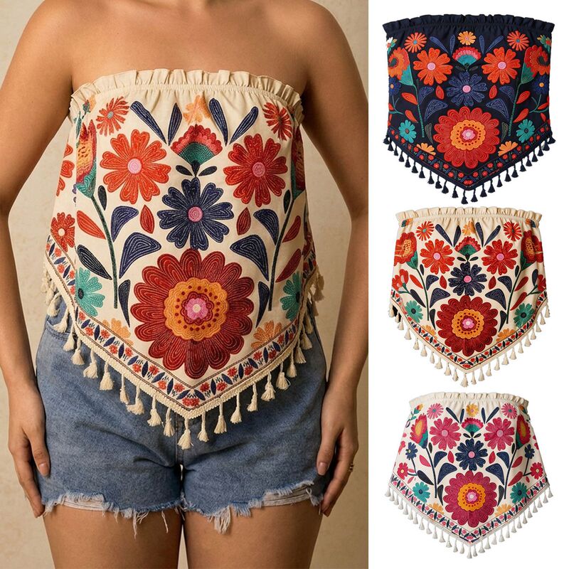 European and American ethnic style floral print strapless lace elastic wrap top with tassel trim, irregular sleeveless vacation tank top European and American ethnic style floral print strapless lace elastic wrap top with tassel trim, irregular sleeveless vacation tank top