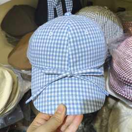 跨境帽子女百搭休闲春夏小清新可爱轻薄软顶格子蝴蝶结鸭舌帽批发