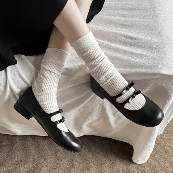 Genuine Leather French Style Gentle Bow Maggie Jane Small Leather Shoes Beautiful Dress Round Toe Flat Mary Jane Shoes Women