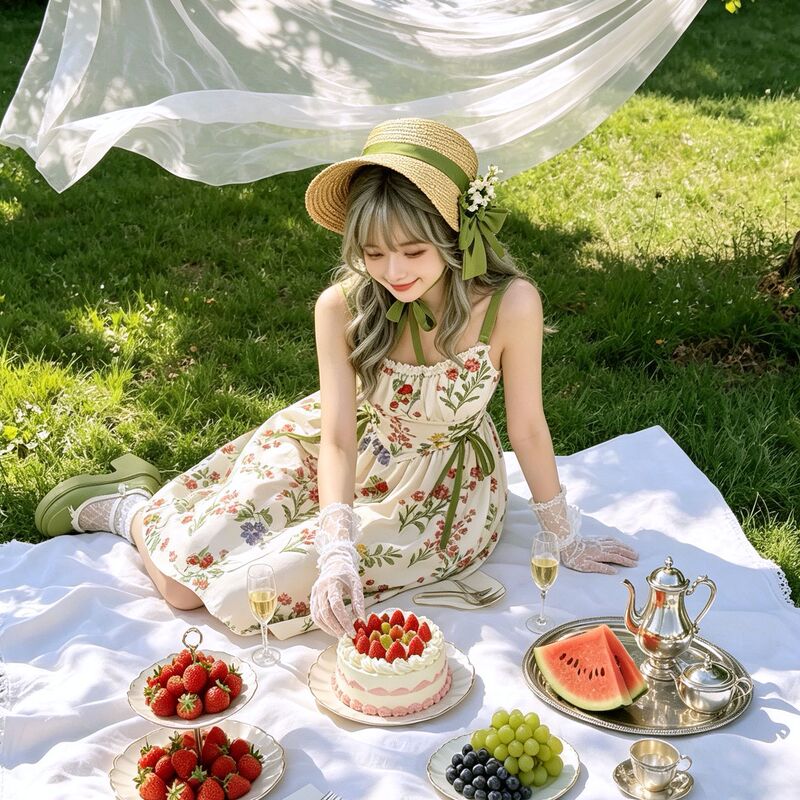 Original Lolita Sweet and Fresh Plant Print Lolita Dress with Waist Tie and Forest Style Design Wholesale Original Lolita Sweet and Fresh Plant Print Lolita Dress with Waist Tie and Forest Style Design Wholesale